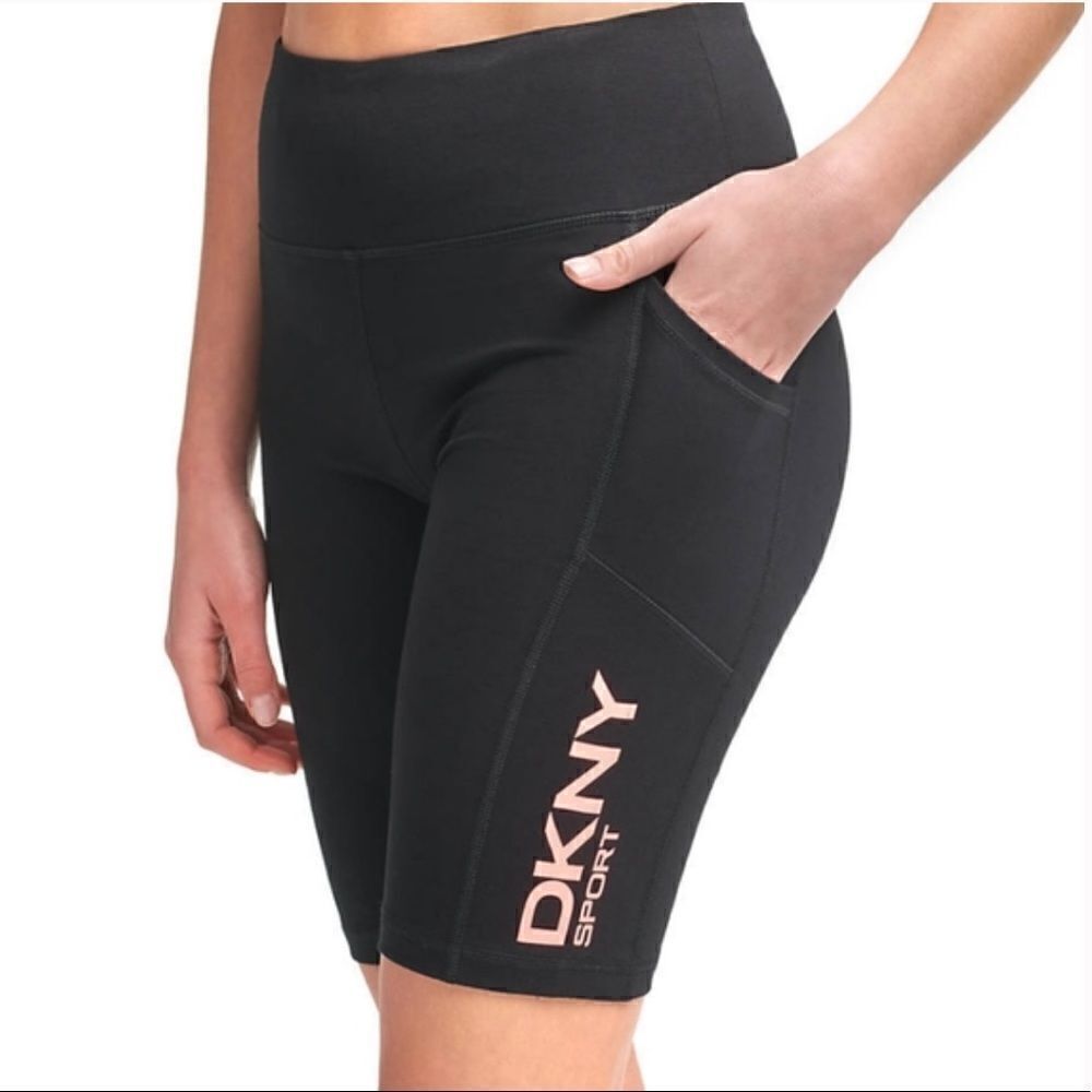 DKNY Sport Black Pink Logo Print High Waisted Bike Shorts Womens Extra Small NWT